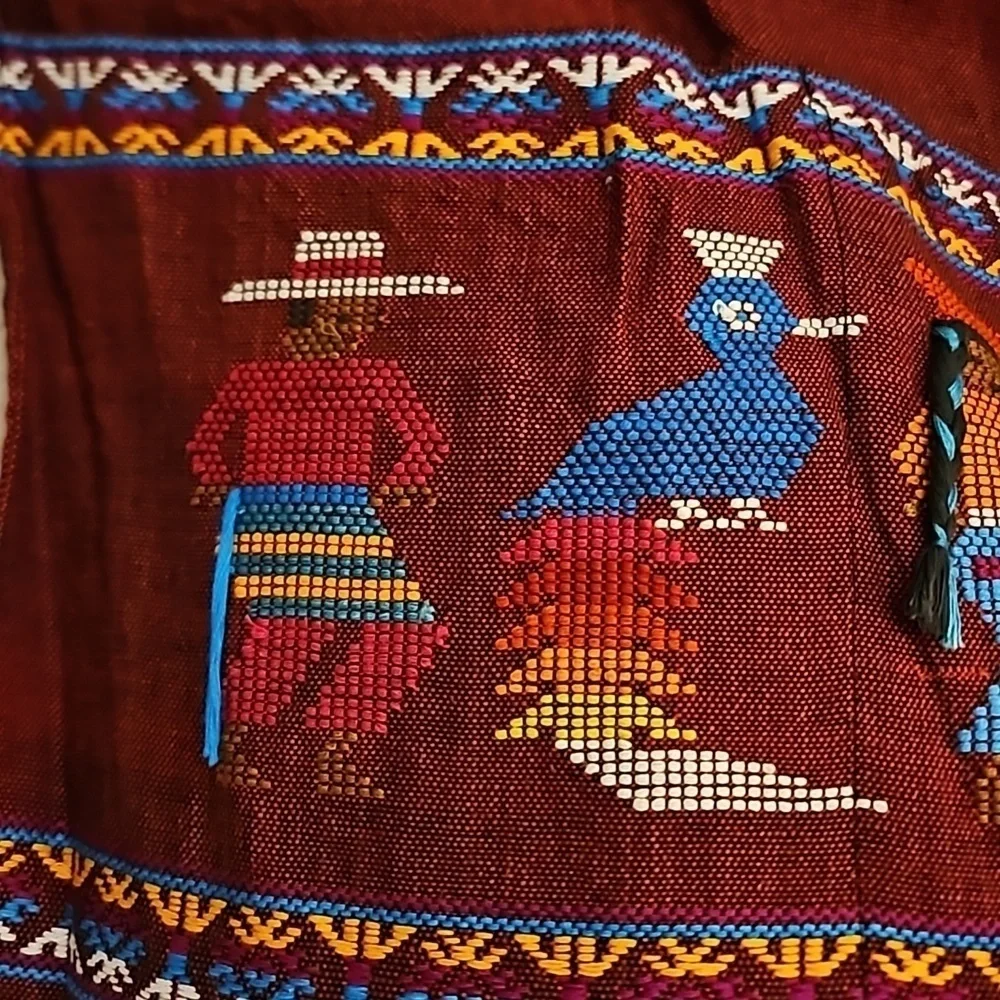 Vintage Guatemalan Oxblood Embroidered Pockets Folk Half Apron